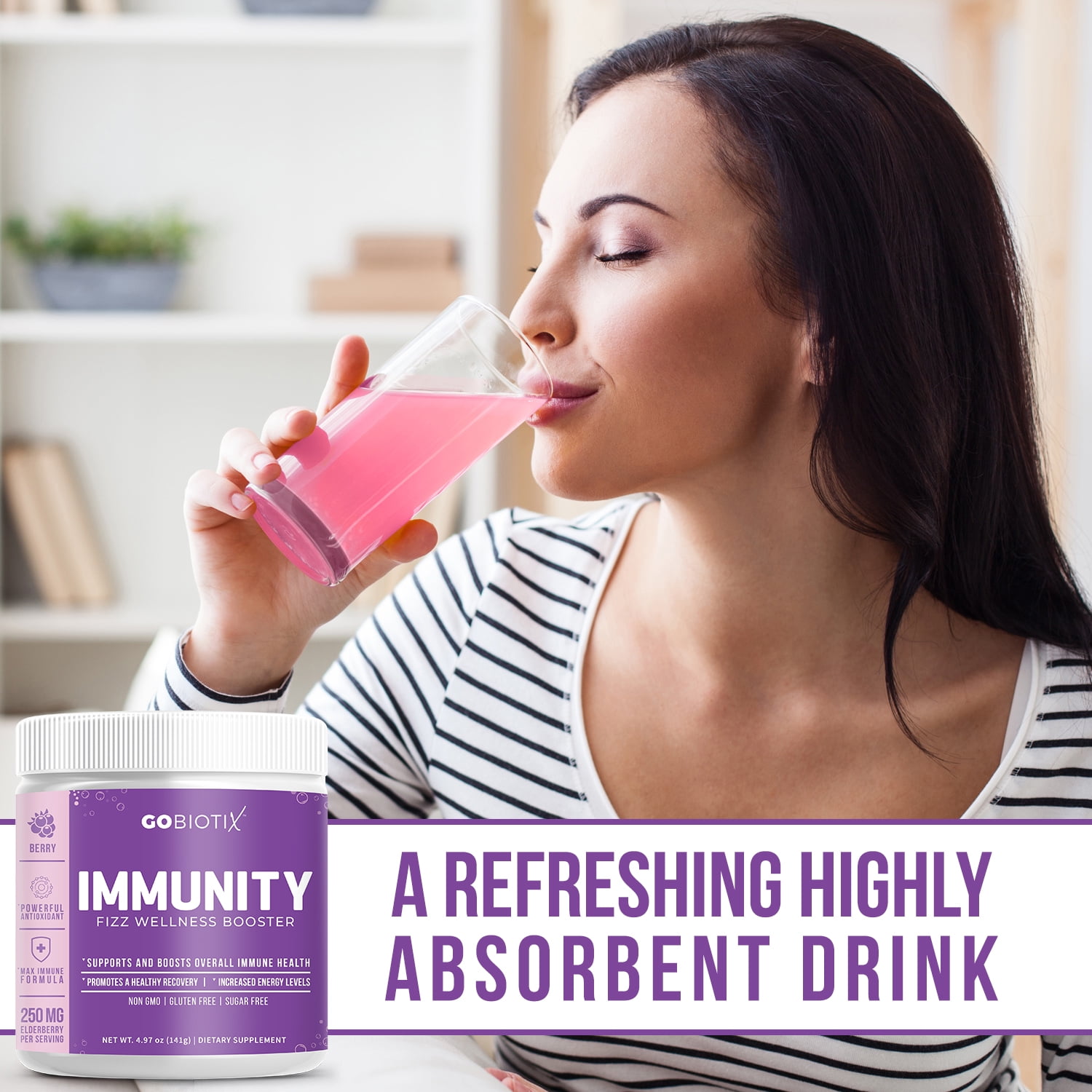GoBiotix Immunity Fizz Drink with Vitamin C, Zinc & Elderberry for Immune Support, Berry, 30 Servings