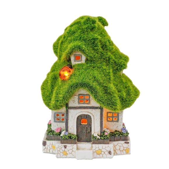 TERESA'S COLLECTIONS Flocked Garden Statues Fairy House with Solar Outdoor Light, Resin Cottage Outdoor Statues Garden Gifts for Mom Mother