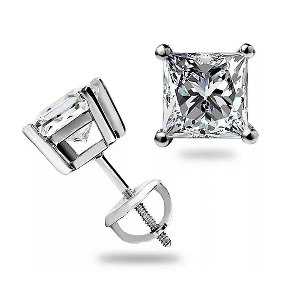 7mm Princess Cut Lab Created Diamond Screw Back Earrings in 14k White Gold Plated