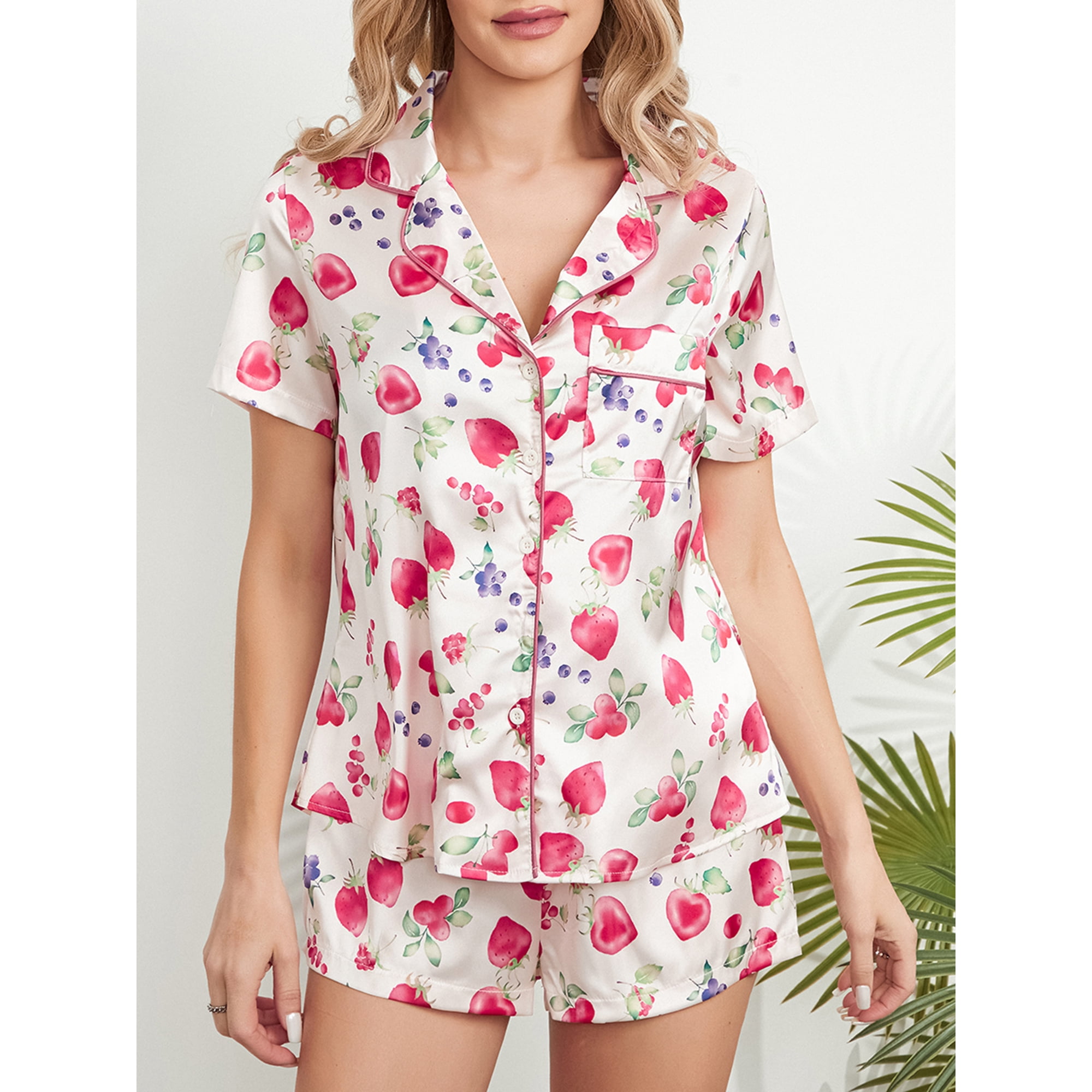 Boiiwant 2 Piece Women s Pajama Sets Lounge Sleepwear Ladies Pjs Sets Strawberry Print Short Sleeves Tops and Elastic Shorts Walmart
