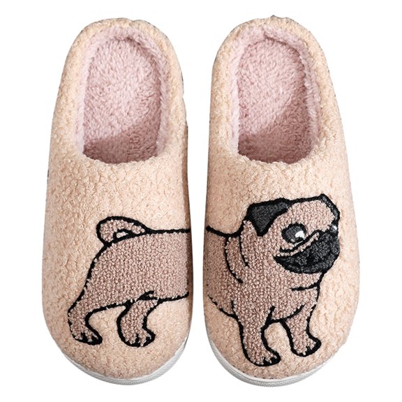 Plush Pug Slippers Anti Slip Fluffy Couple Slippers for Men Women Sport Supplies (36-37)