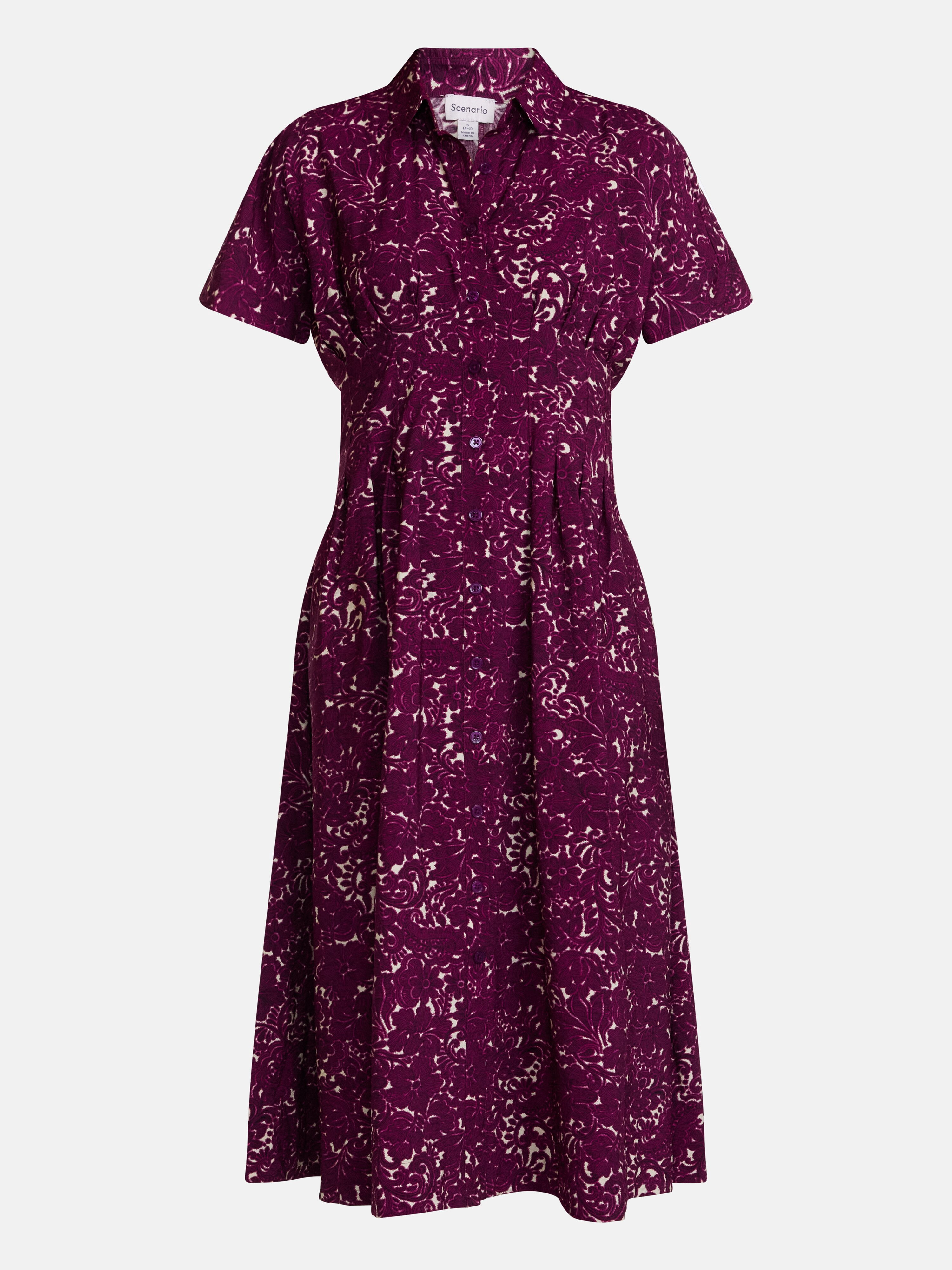 Scenario Women's and Women's Plus Pleated Waist Midi Shirtdress with Short Sleeves, Sizes XS-4X