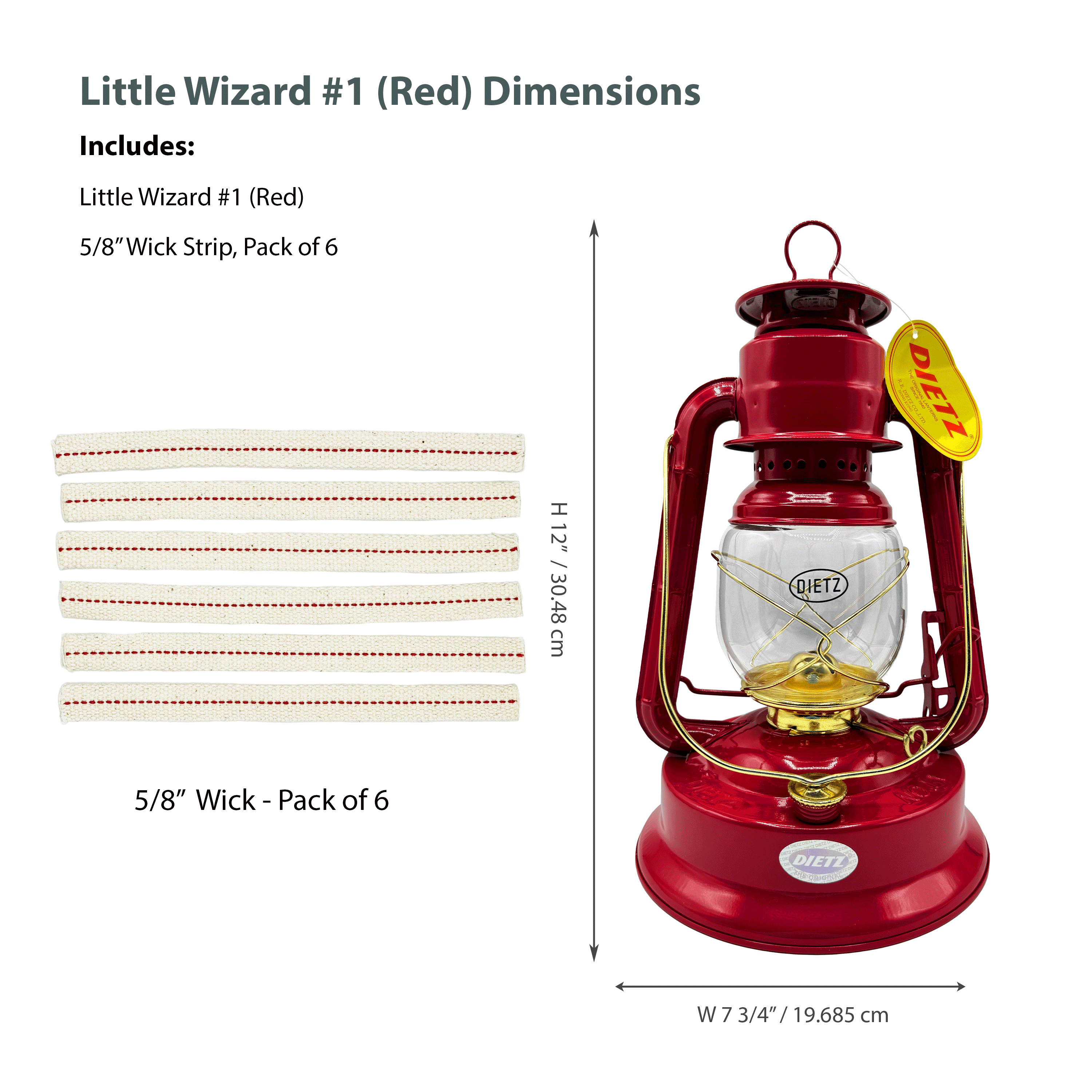 Light of Mine - Dietz #01 Little Wizard Red with Gold Trim Oil Lantern with 6-Pack of 100% Cotton Replacement 5/8" Wick Strips (#01, Red & Gold)