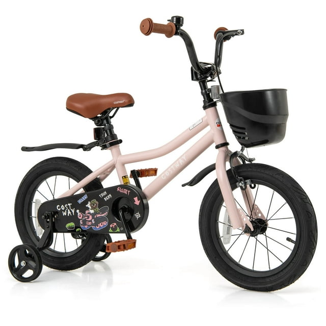 Costway Vélo pour Enfant 14 Pouces avec Roues Stabilisatrices, Guidon et Selle Réglables, Frein à Main, Rose