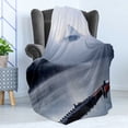thumbnail image 4 of Mountain Soft Flannel Fleece Throw Blanket, Mountain Peaks Foggy Clouds over Kawaguchi Lake Hazy, Cozy Plush for Indoor and Outdoor Use, 60" x 80", Blue Grey, by Ambesonne, 4 of 5