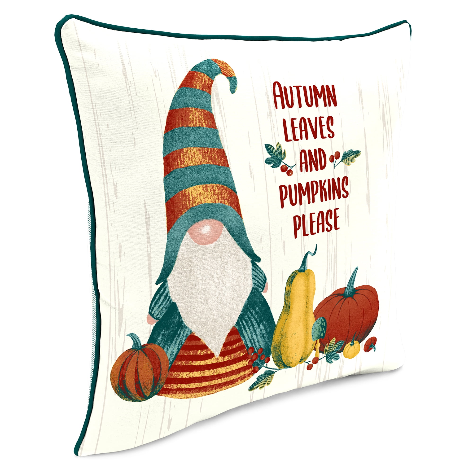 Mainstays Fall Leaves Gnome Reversible Outdoor Throw Pillow, 16", Cream Novelty and Teal Stripe