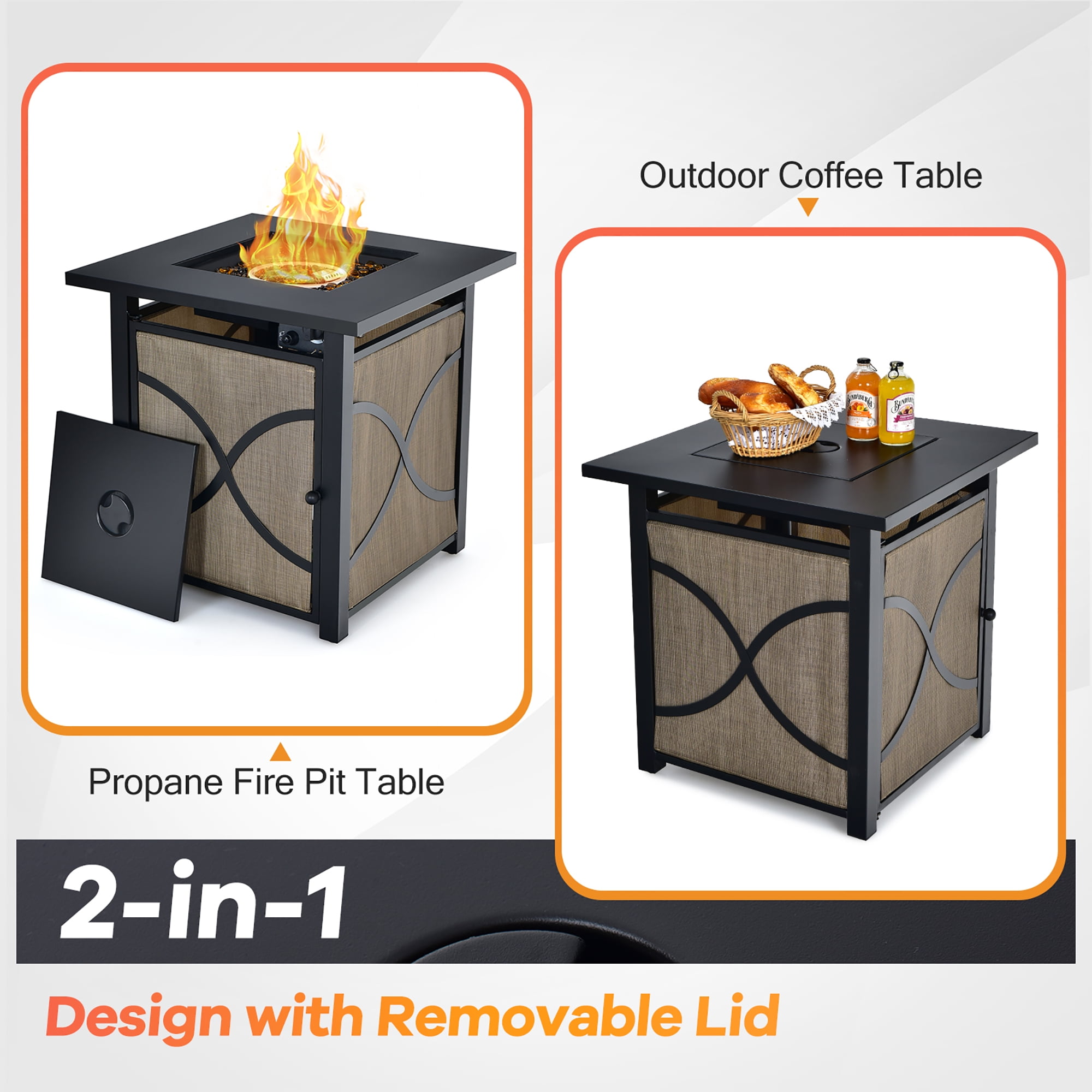 Costway 25-Inch Square Propane Fire Pit Table 40000 BTU W/ Lid, Fire Glass