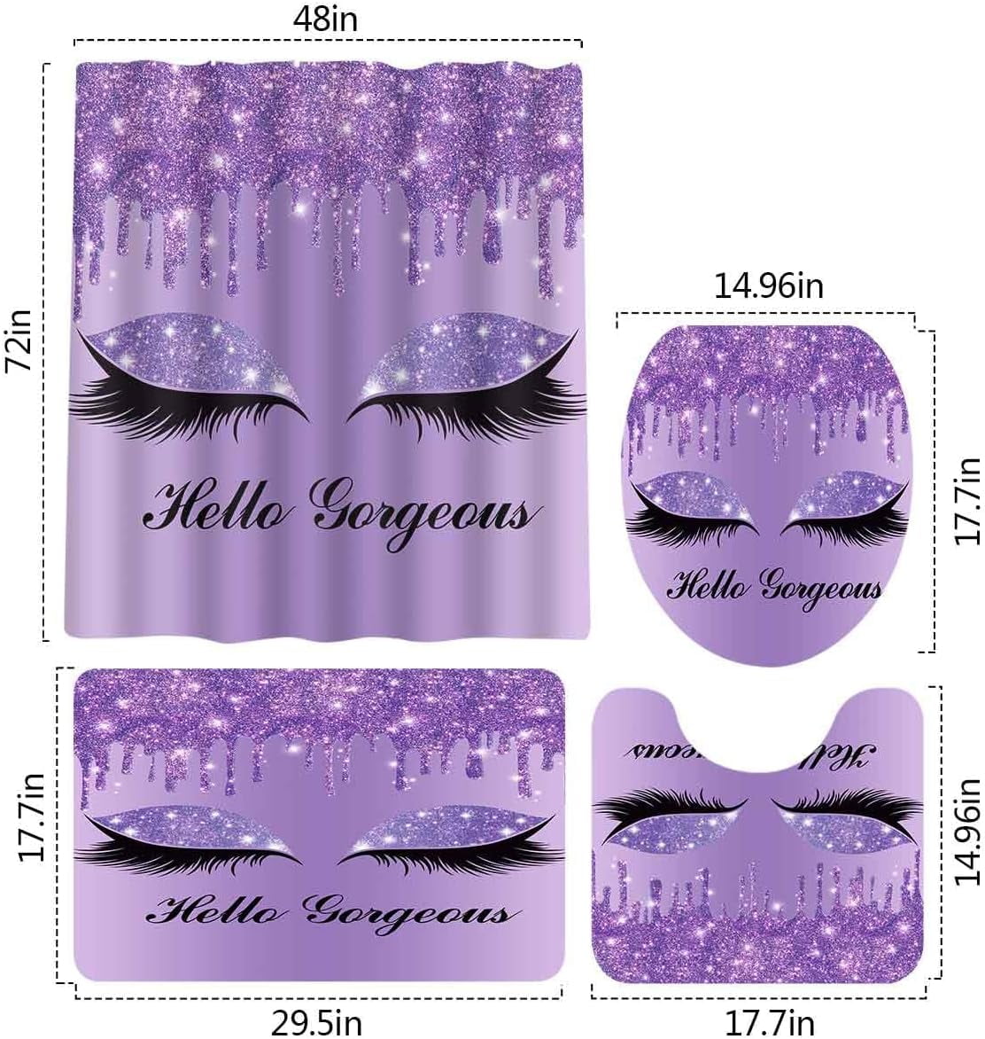 Purple Pretty Eyelash Shower Curtain Set, 4PCS Hello Gorgeous Kids Bathroom Sets with Shower Curtain and Rugs, Toilet Lid Cover, Bath Mat and U Shaped Rug, 12 Hooks