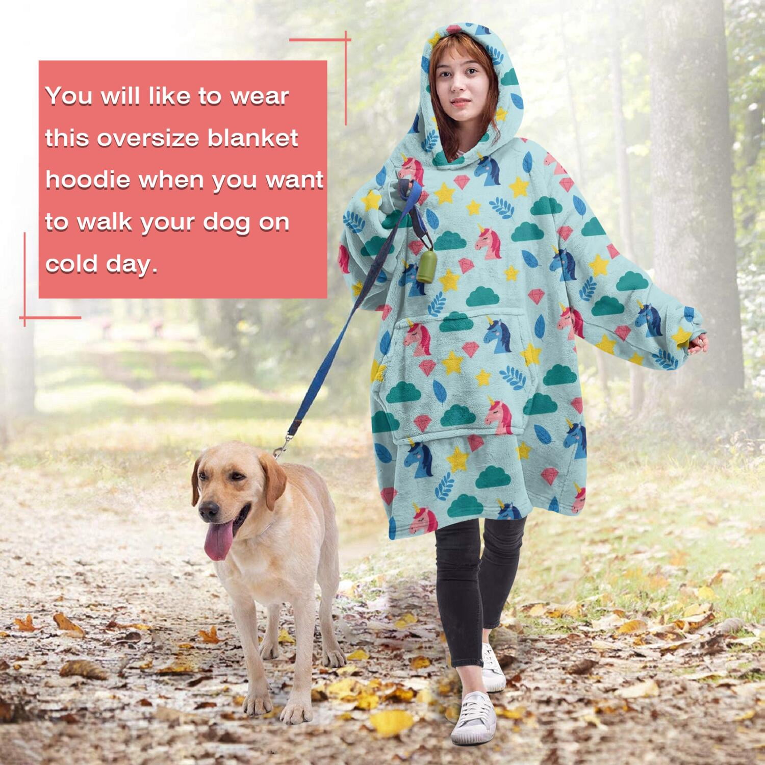 Wearable Oversized Blanket,Blue Cartoon Unicorn Cloud Diamond Leaf Pattern Wearable Blanket Hoodie for Adults,Cozy Hooded Blankets with Super Pockets,Super Warm Fuzzy Pullover for Women & Men