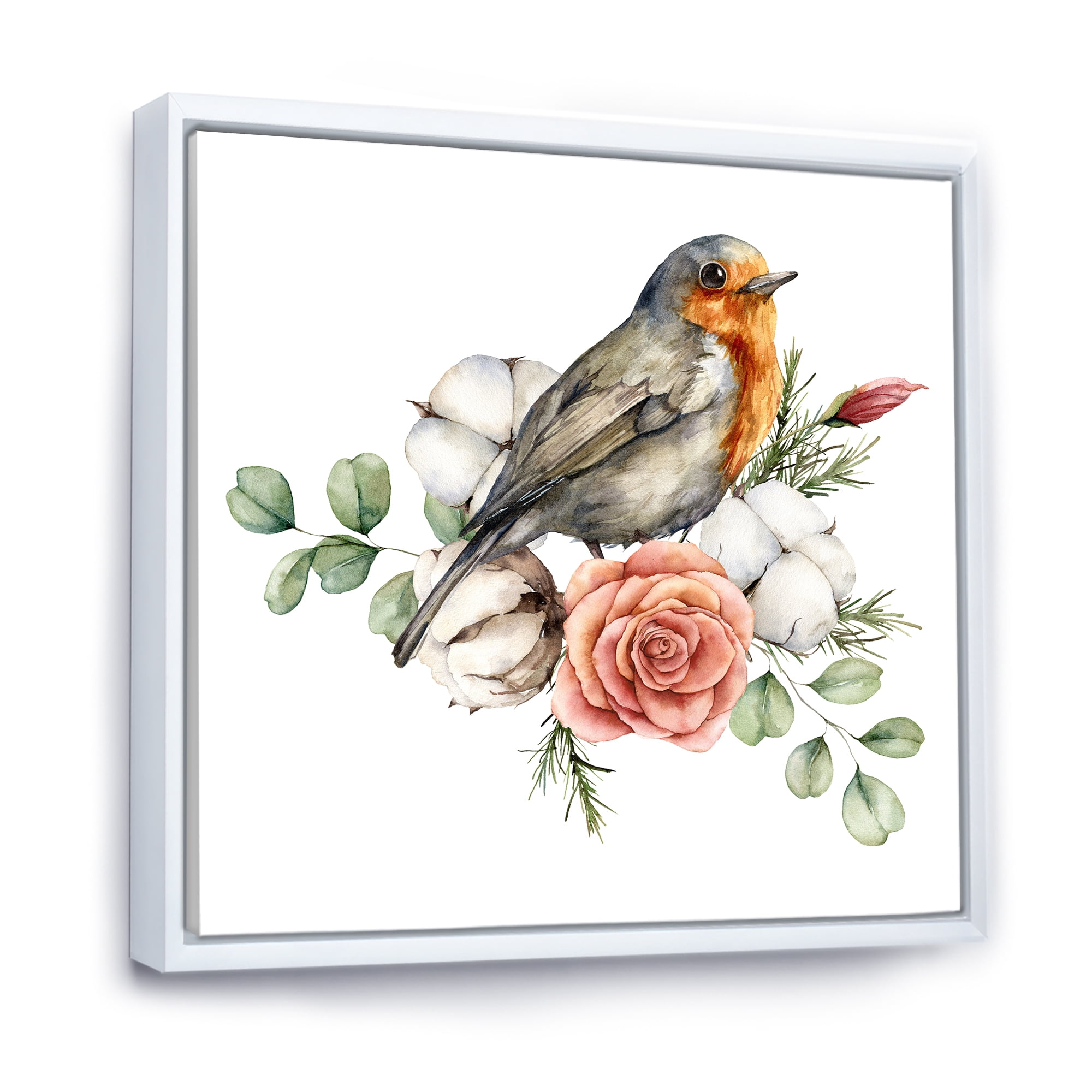 Cotton Rose and Leaves With Robin Redbreast 16 in x 16 in Framed Painting Canvas Art Print, by Designart