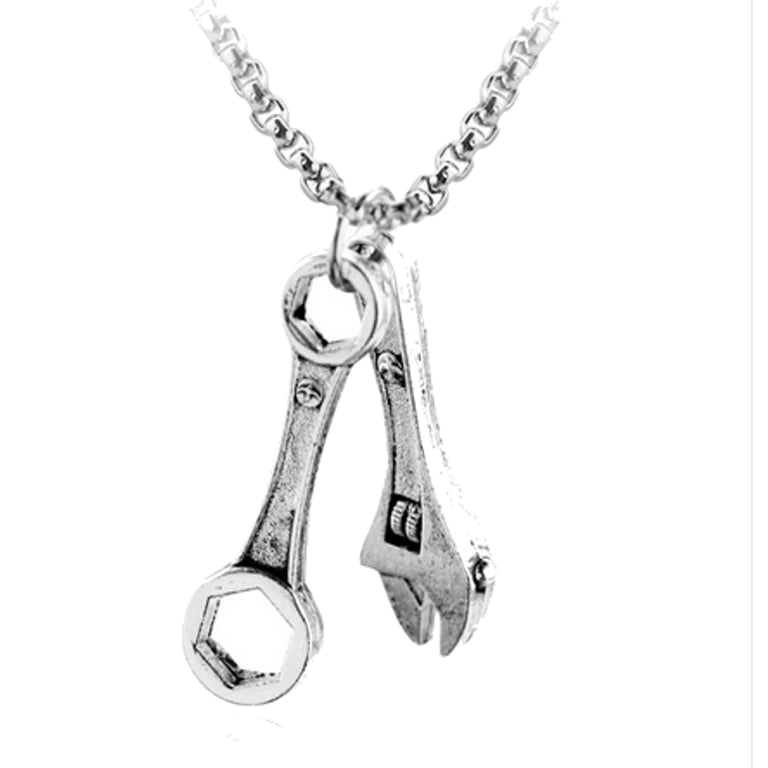 UM Jewelry Men's Stainless Steel Wrench Tool Pendant Necklace - Black & Silver, 50cm Chain, 20x60mm Pendant