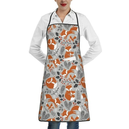 

Qekee Vintage Blue Fox Family A Print Adjustable Bib Apron Resistant with Pocket Cooking Kitchen Aprons for Women Men Server Chef Apron