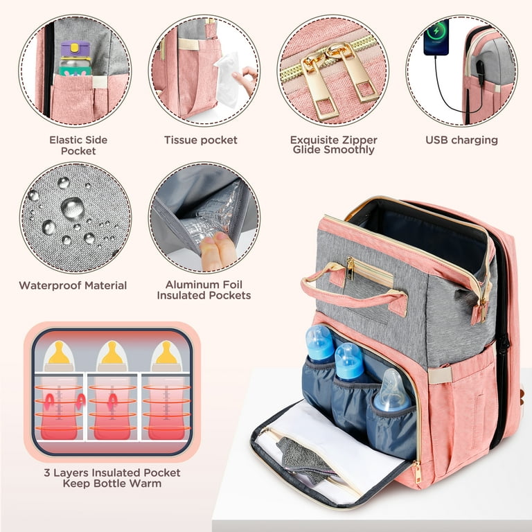Famistar 8 in 1 Baby Diaper Bag Backpack,Unique Toy Hanging Rod Crib,Large  Capacity Baby Bags with Diaper Changing Station,Waterproof Diaper Bags for  Boys Girls Travel with Sunshade, Pink-Oct 17Update 