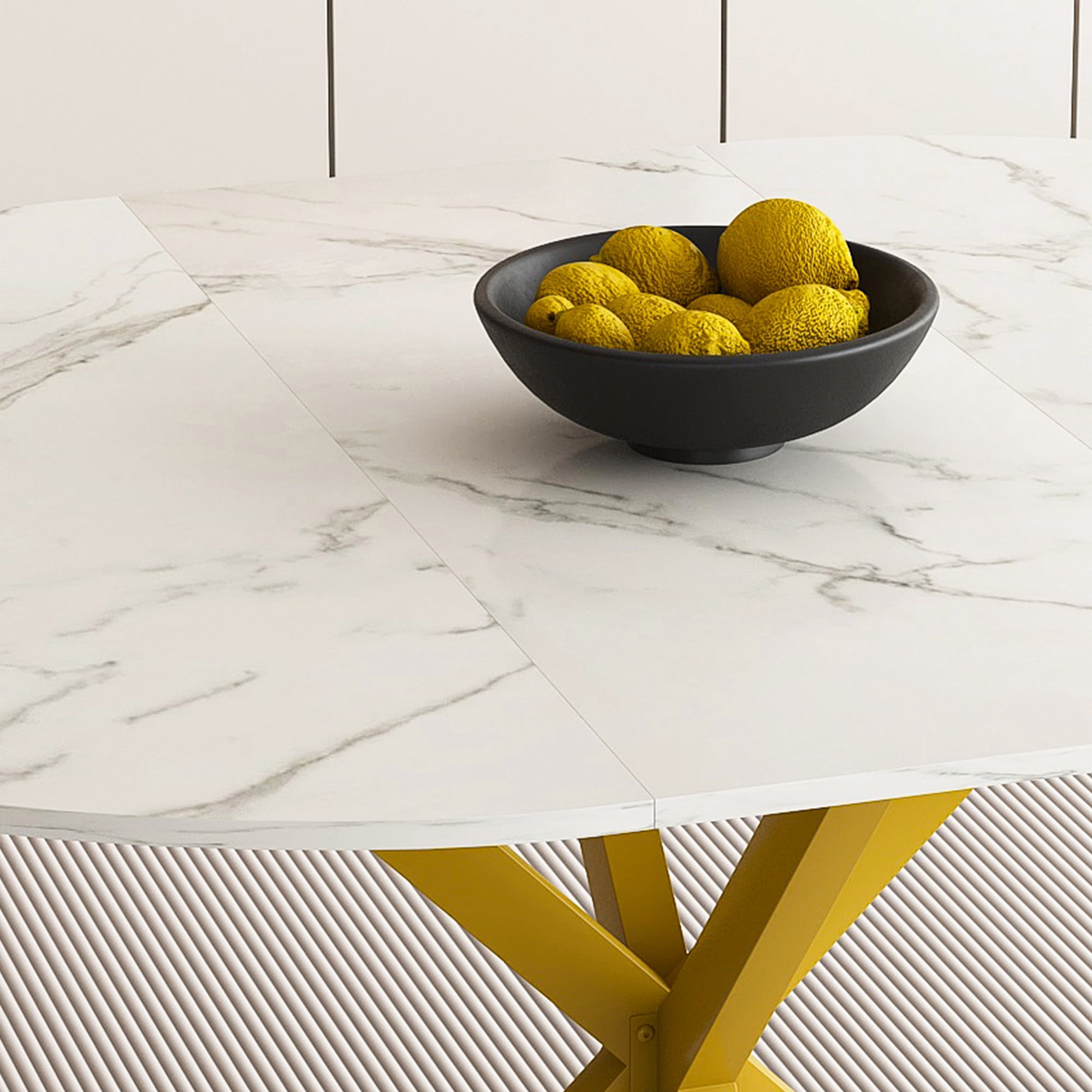 PORKISS 59" Extendable Round Dining Table for 6, Modern Kitchen Table with Carbon Steel Base, Dining Room Table with Thickened Marble-veined Tabletop, Perfect for Small Space, White+Gold