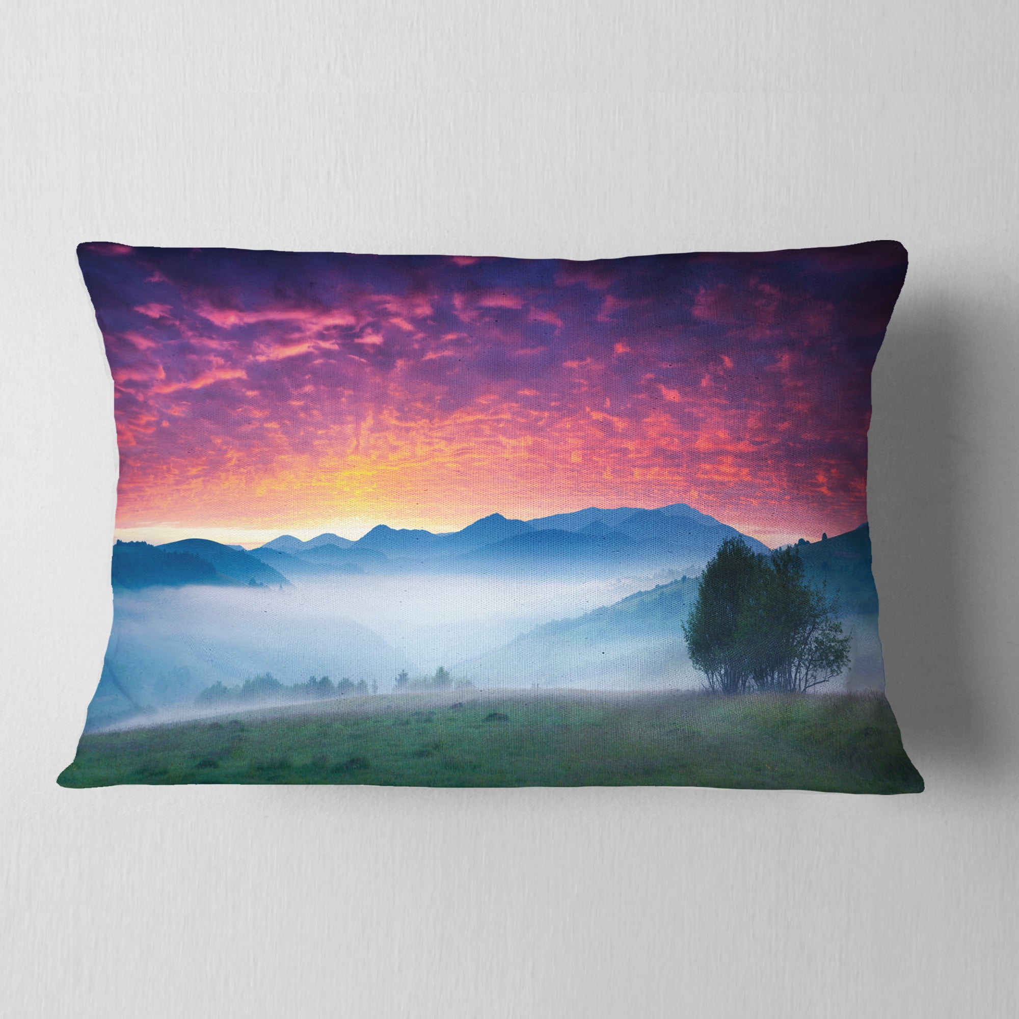Designart Blood Red Sky and Green Grass - Landscape Photo Throw Pillow - 12x20