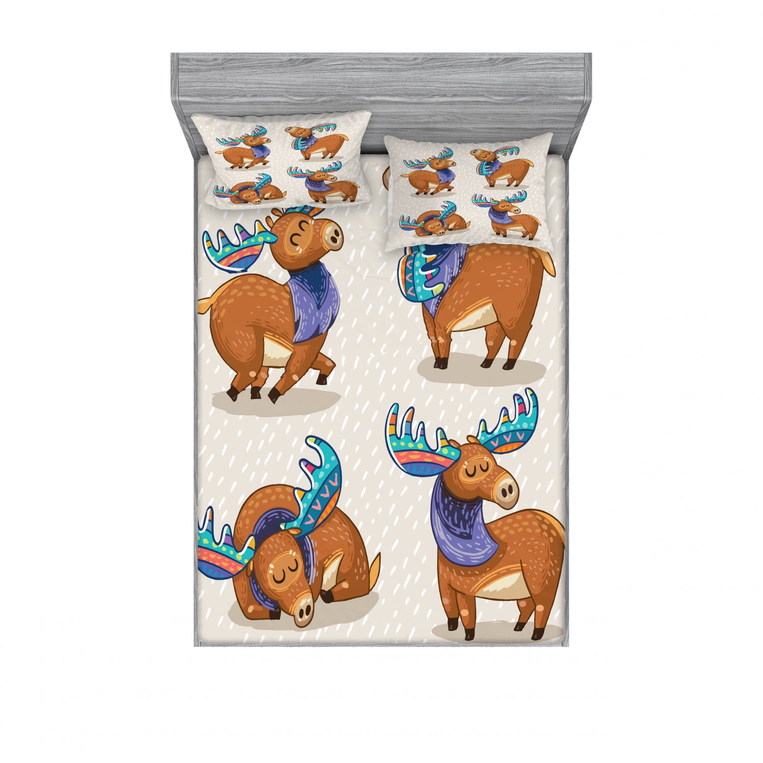 Moose Bedding Set with Sheet & Covers, Kids Cartoon Inspired Elks with