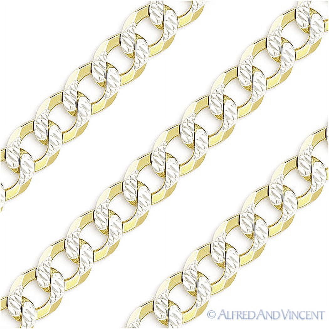 5mm Cuban / Curb Link D-Cut Pave Italian Chain Necklace in .925 Sterling Silver w/ 14k Yellow Gold