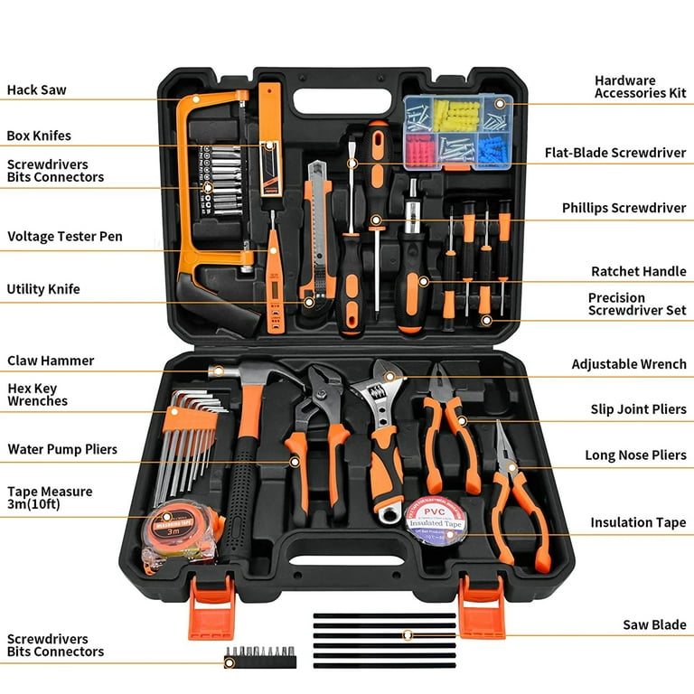 78 piece basic tool set. Screwdriver, pliers, hammer, tape measure, etc.