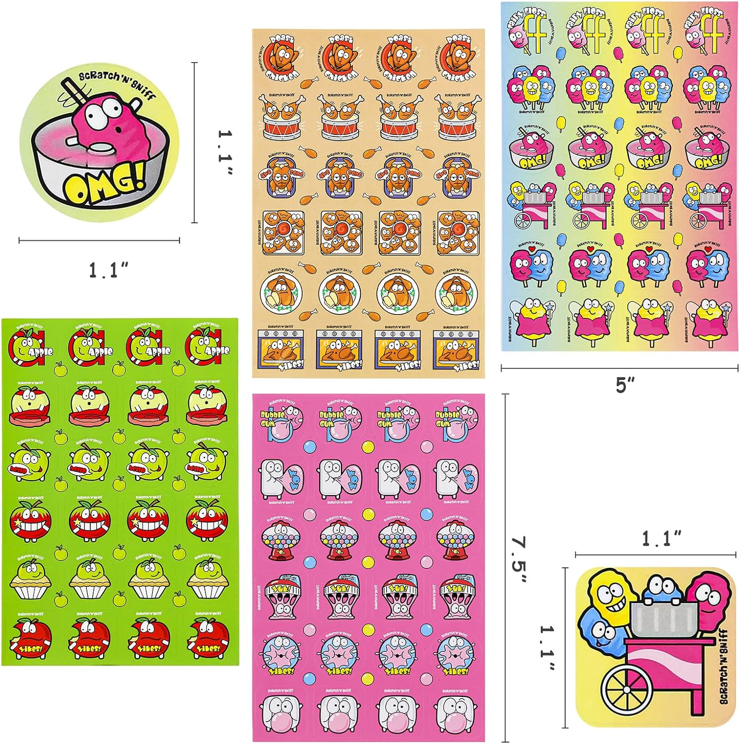 Scratch and Sniff Stickers, 1152 Pieces Fruits and Foods Snacks Smelly Stickers, 24 Different Scents, 48 Sheets, 144 Designs, Reward Motivate Stickers for Kids, Crafts, Party Favor, Gift