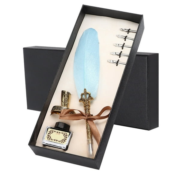 Juego de pluma de pluma Bling Bling pluma de Metal tallada con tinta vintage azul cielo