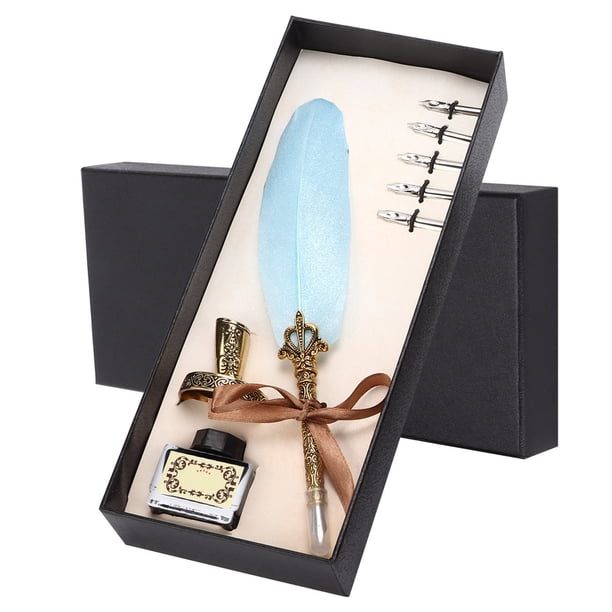 Juego de pluma de pluma Bling Bling pluma de Metal tallada con tinta vintage azul cielo