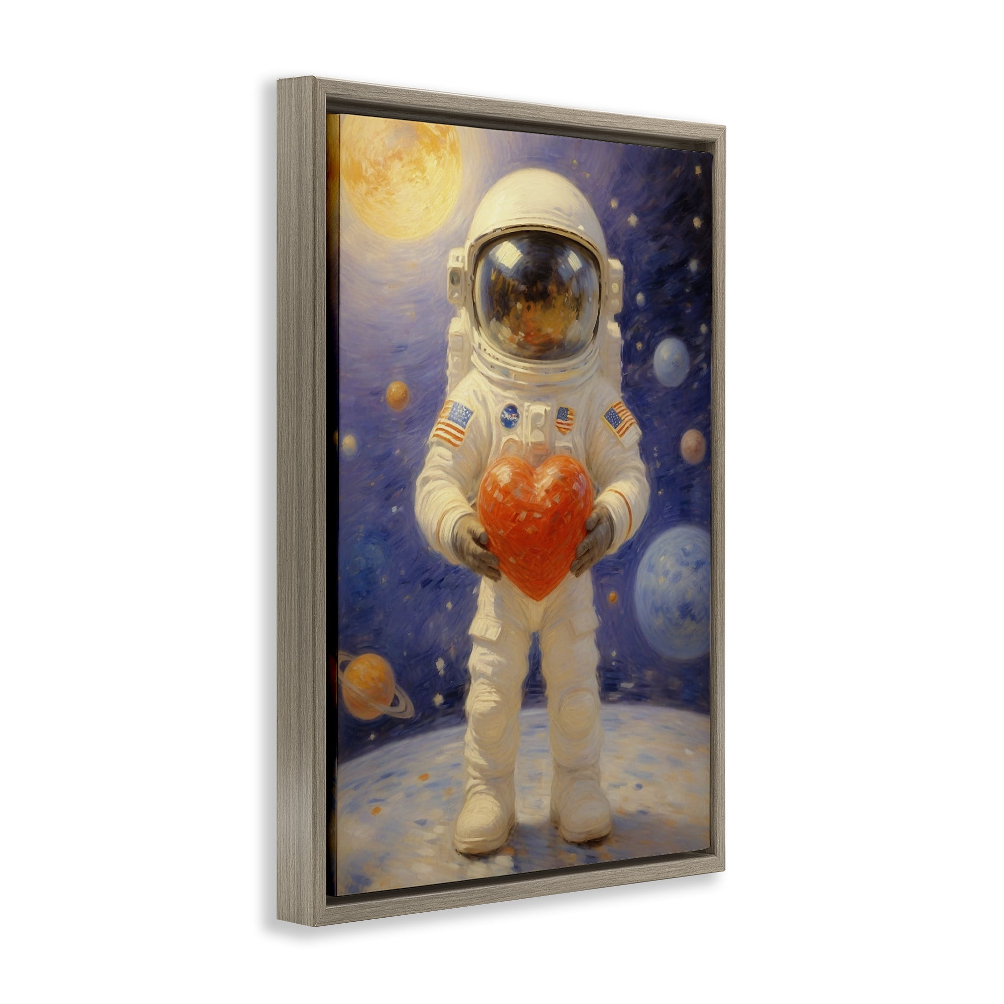 Astronaut Holding Heart Brown Framed Floater Canvas Wall Art, design by Angie Hawke