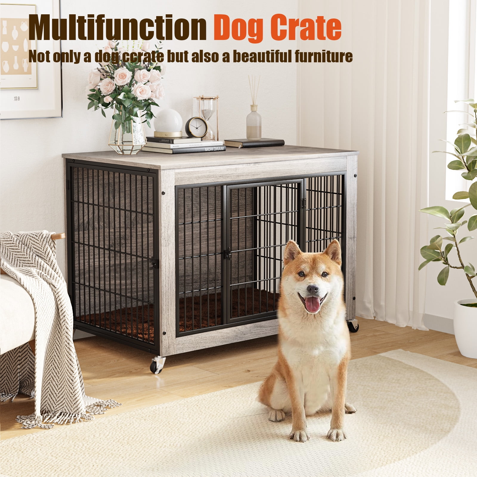 Waleaf Dog Crate Furniture with Cushion, Double Doors Wooden Dog Kennel Indoor with Wheels