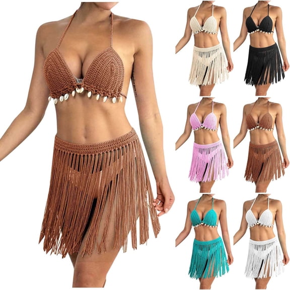UTSJKR Hot Rave Knitted Brazilian Bikini Sets for Women Halter Triangle Bra and Fringes Skirt Coverups 2 Piece Bathing Suits Beige Free Size