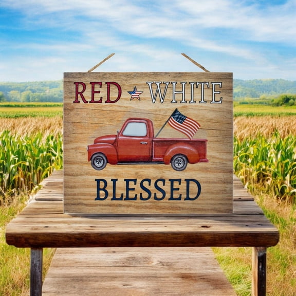 JennyGems Red White Blessed Patriotic Plaque, 10x12 Hanging Wood Sign