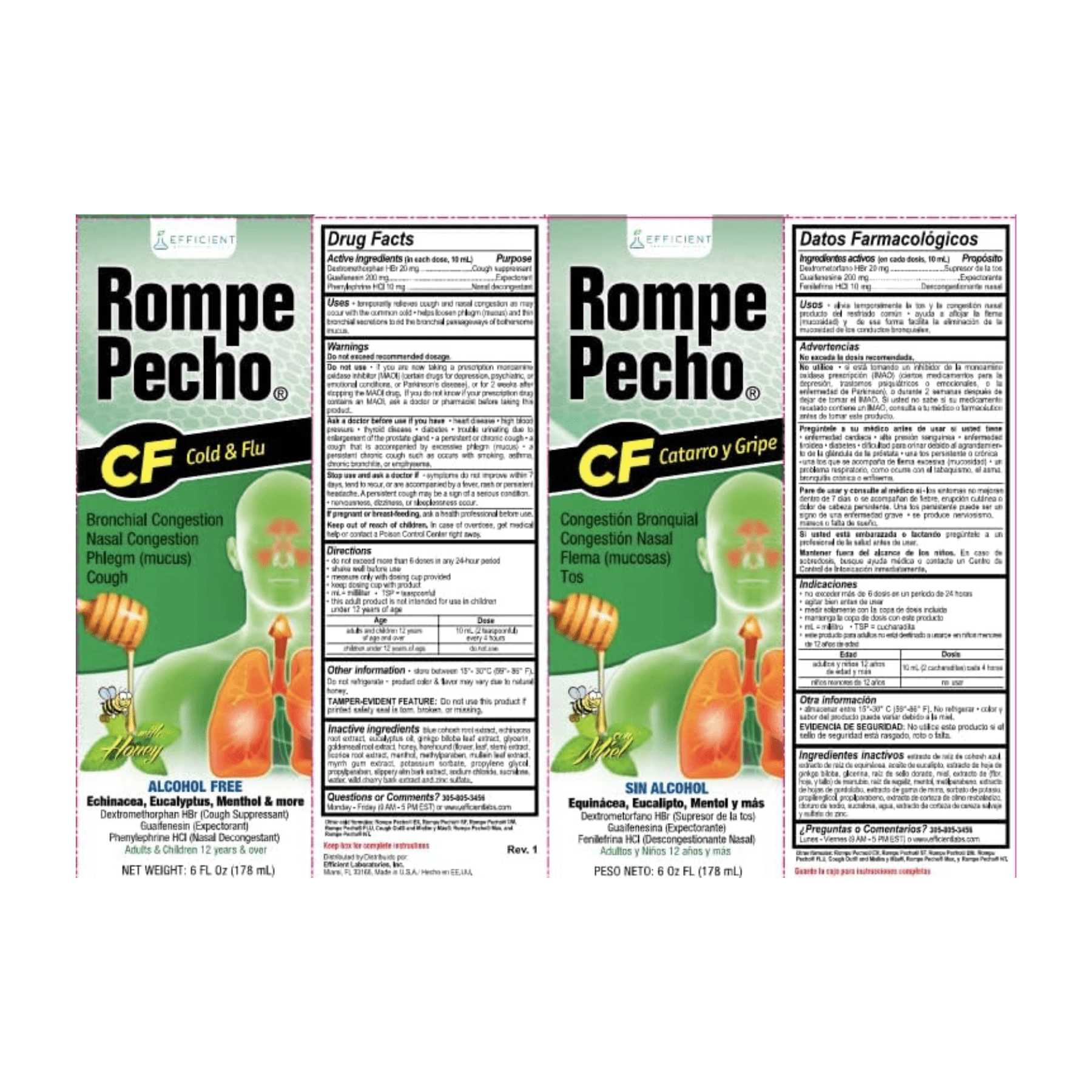 Rompe Pecho CF Cold & Flu Multi-Symptom Relief Syrup, Dextromethorphan HBr & Antihistamine, Honey Flavor, Alcohol-Free, 6 fl oz