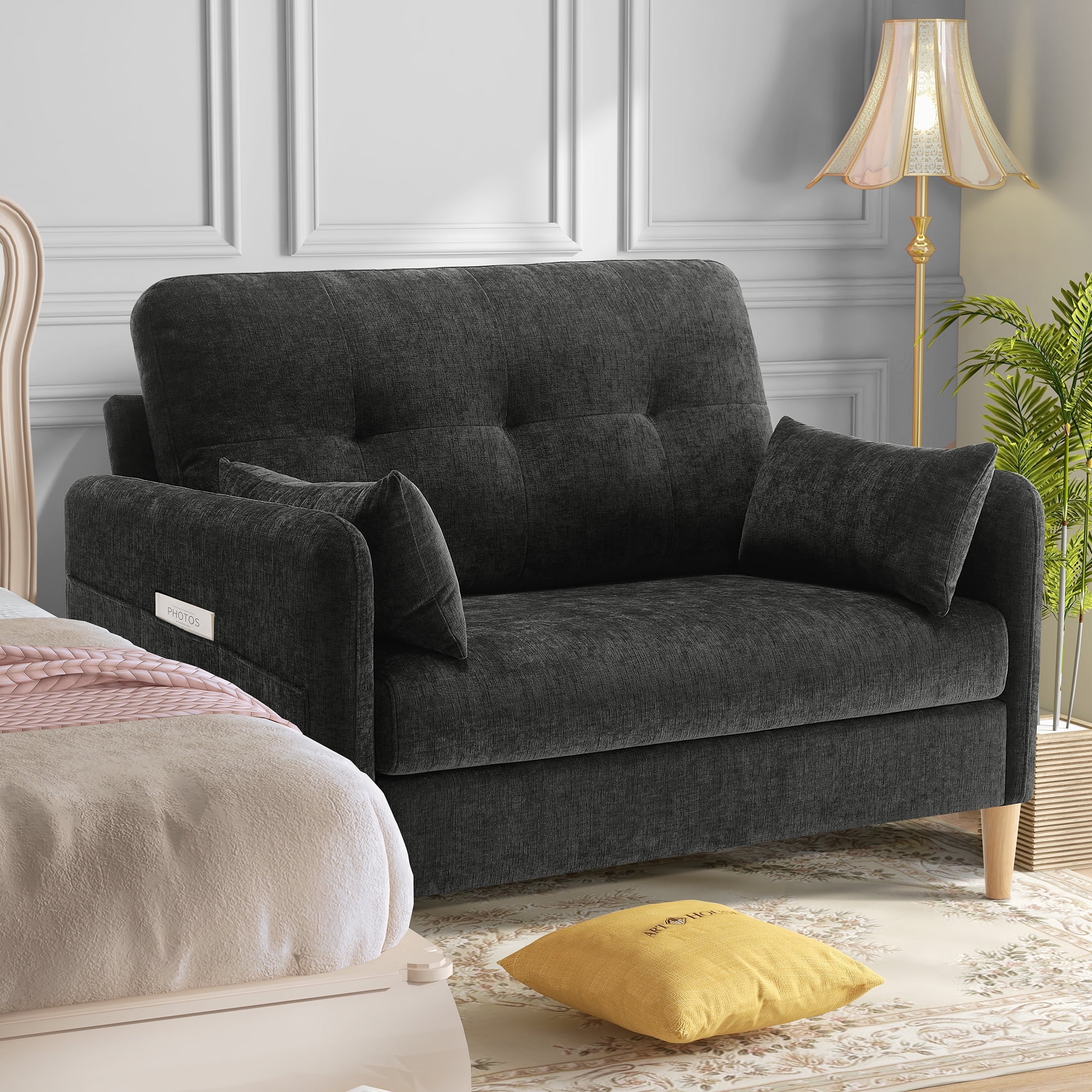BedLuxury 47'' Wide Loveseat, 2-seat Chenille sofa with 2 Pillows for Living Room and Small Spaces, Dark Grey