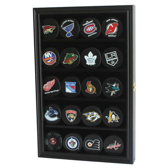 20 Hockey Puck Display Case Cabinet Holder Wall Rack 98% Uv Protection Also Fits Pucks In Square Plastic Case (Black Finish)