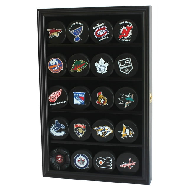 20 Hockey Puck Display Case Cabinet Holder Wall Rack 98% Uv Protection Also Fits Pucks In Square Plastic Case (Black Finish)