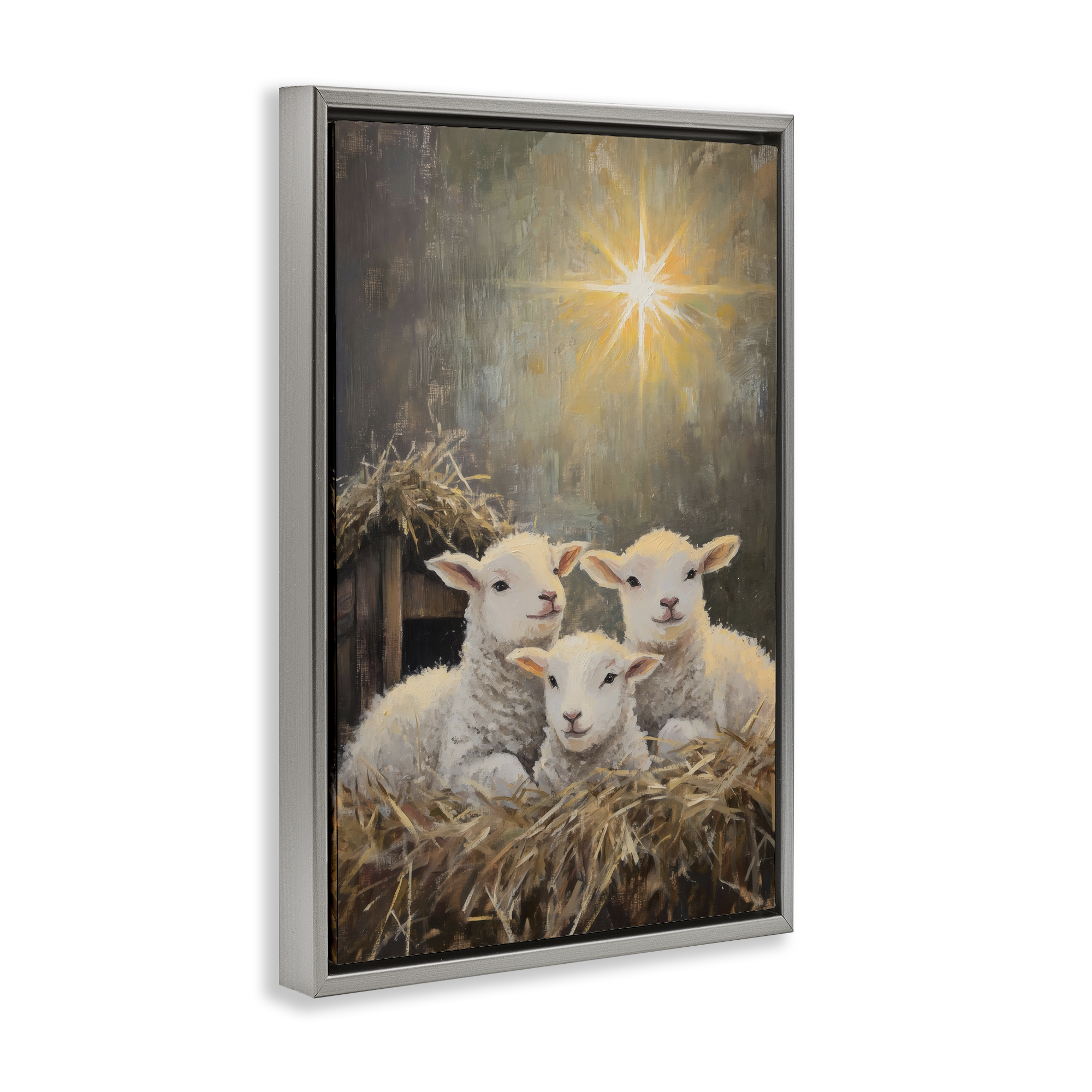 Festive Lambs in Stable Gray Framed Floater Canvas Wall Art, design by Petal Prints Design