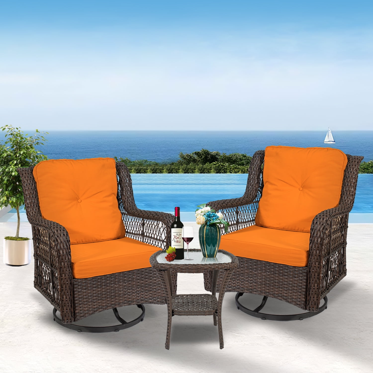 Outdoor 3Piece Swivel Patio Chairs, w/2 360Degree Swivel Rocking