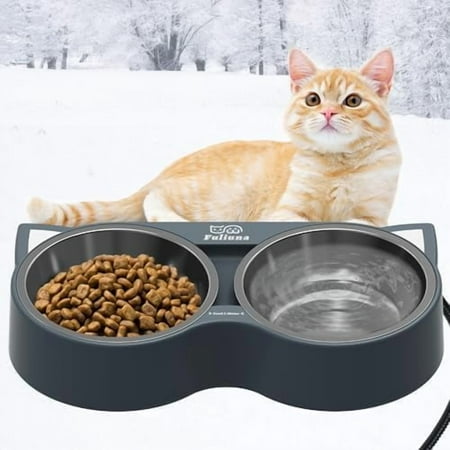 Heated Cat Bowl, Outdoor with Double Stainless Steel Bowl 23 OZ, Water Food Bowls for Cat Pet, Thermal Pet Bowl Provide Drinkable Water and Hot Food in Winter$$Animal Accessories