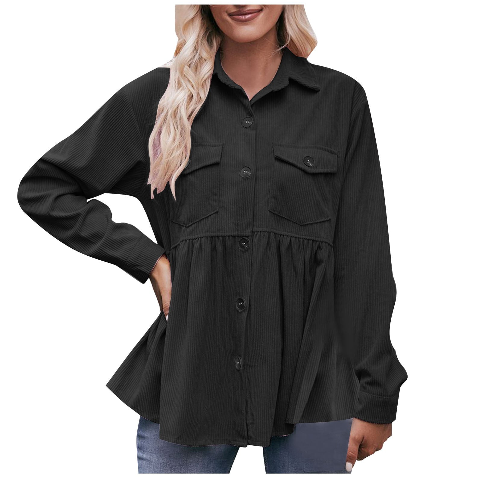 Women Corduroy Peplum Shacket Jacket Long Sleeve Button Down Babydoll Shirts Oversized Casual Collared Blouses Tops Black M