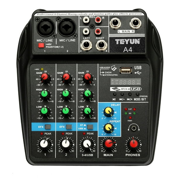 Consola de mezcla de sonido TU04 BT Sound Mixing Console Record 48V Phantom Power Monitor AUX Paths Plus Effects 4 canales Mezclador de audio con USB Tomshoo Consola de mezcla de sonido