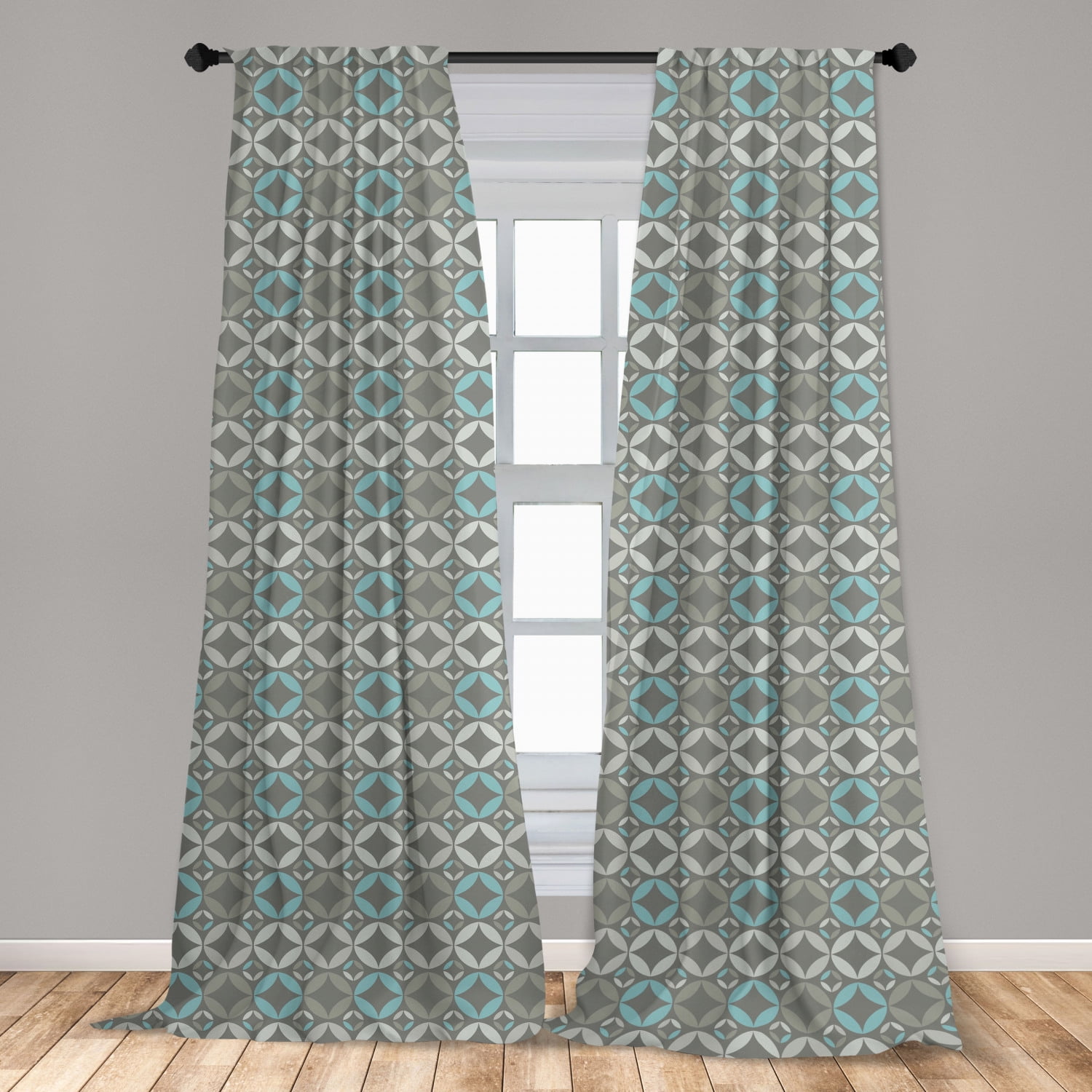 Grey and Blue Curtains 2 Panels Set, Retro Styled Abstract Overlapping