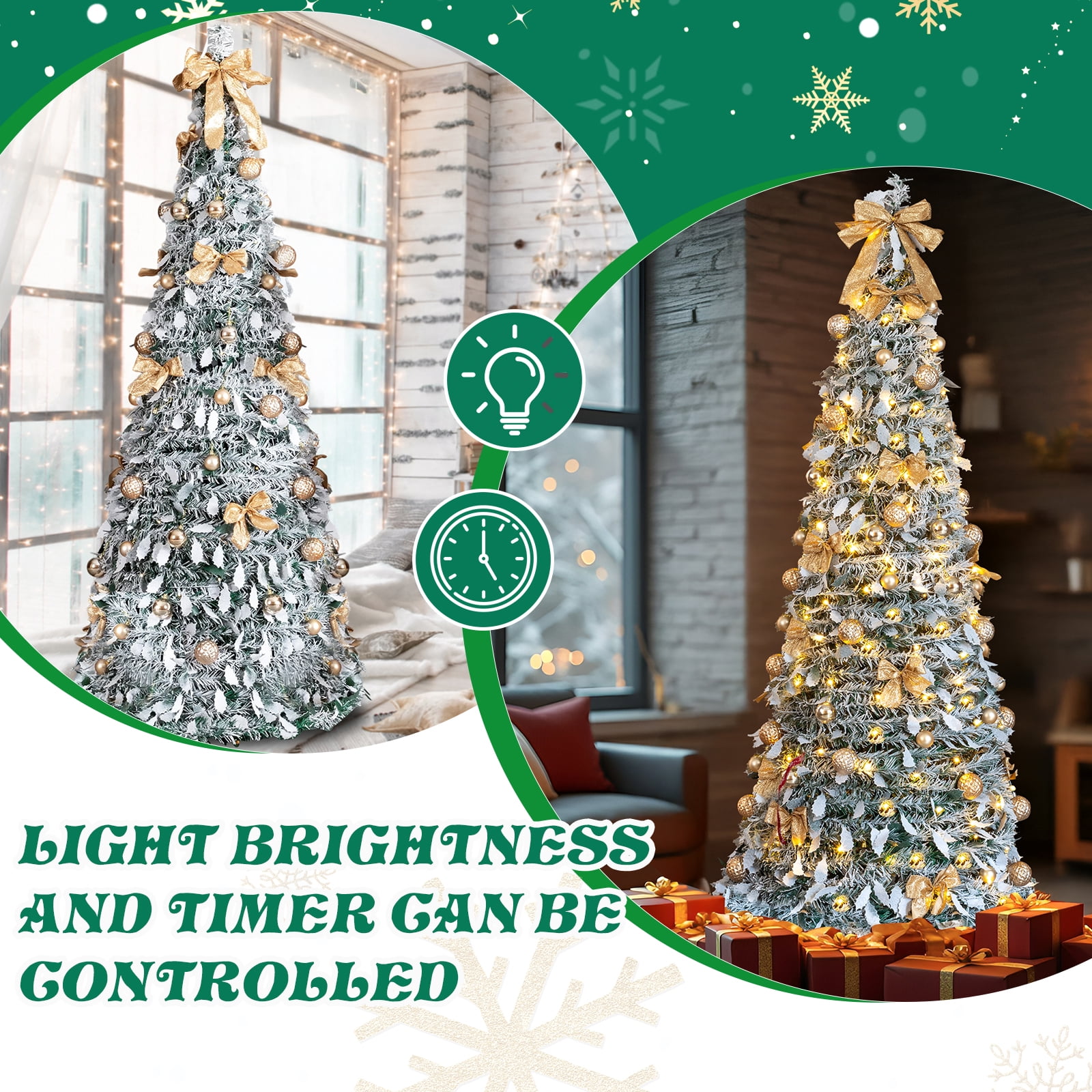 Astoutdoor 7 ft Snow Flocked Pre-lit Artificial Pop Up Christmas Tree with 170 Warm Lights and Ornaments, Snowy Green