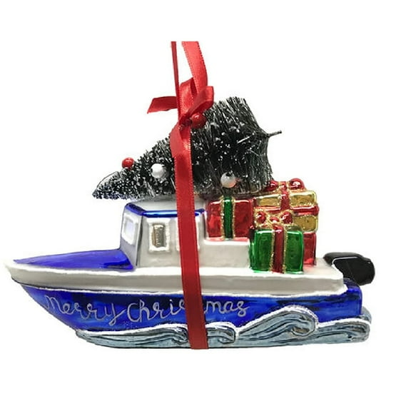 December Diamonds 79-05228 Blown Glass Christmas Boat Ornament with a Tree 6 Inches