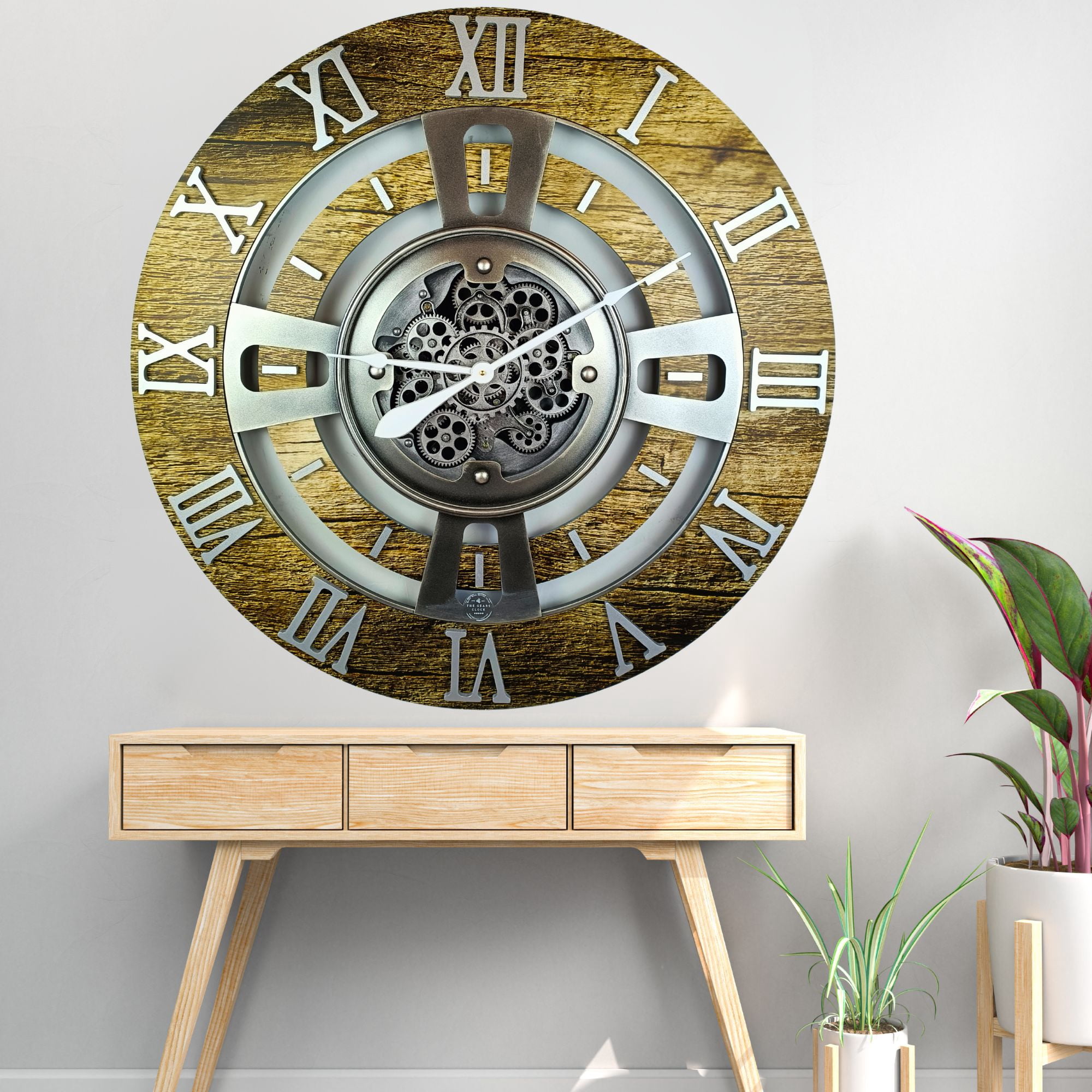 THE GEARS CLOCK Wall Clock with Real Moving Gears EN-LI_ 36 in Round Gold-Antique