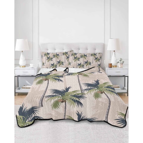 Quilts Queen Size, Palm Tree Soft Comforter Bedding Set for Bed, Tropical Coconut Botanical Summer Seaside Lightweight Quilted Bedspread with Pillow Cover(2 Pieces) for All Season, 90x96 Inch