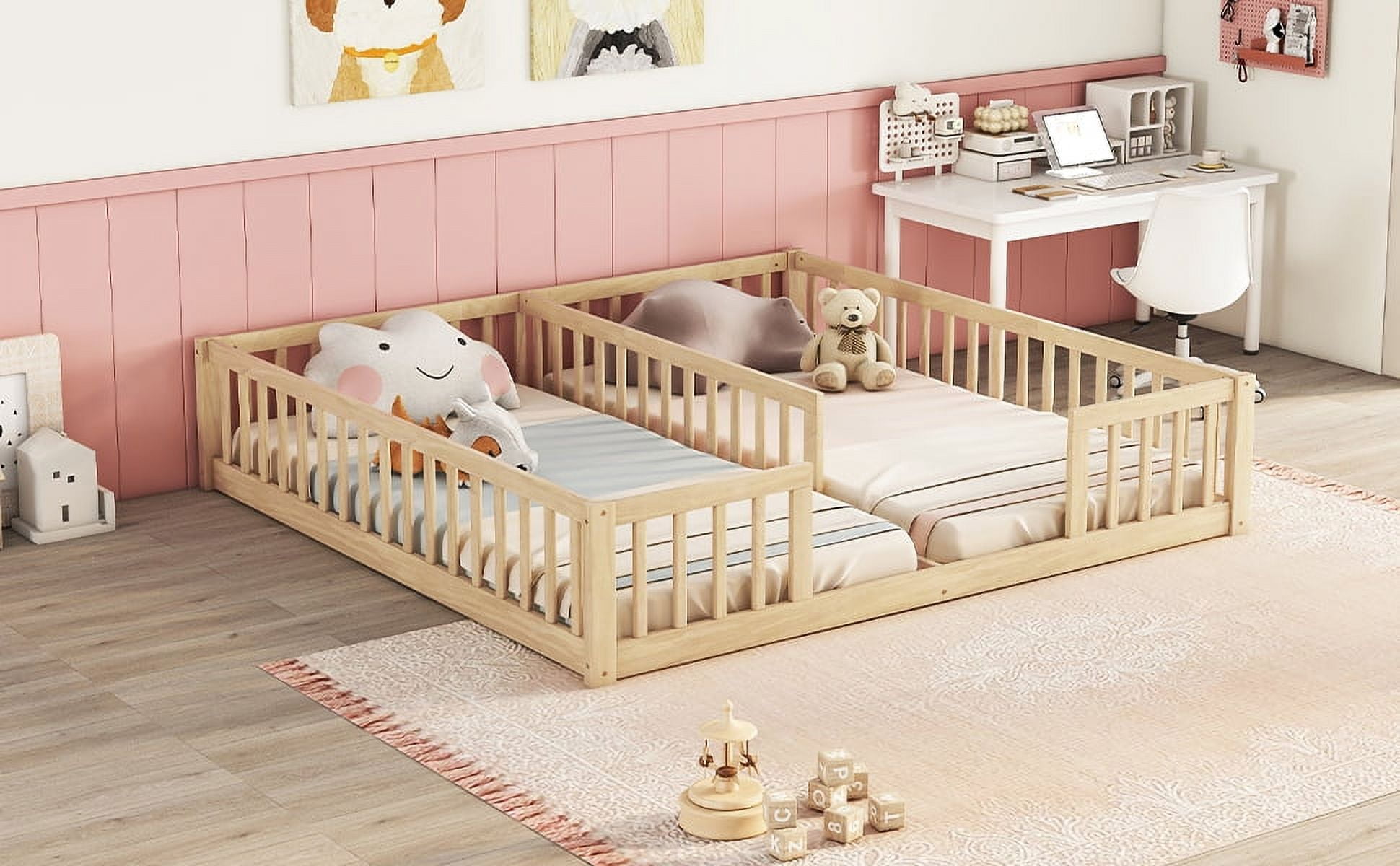 Double Twin Floor Bed with Fence, Guardrails, Without Door, Natural