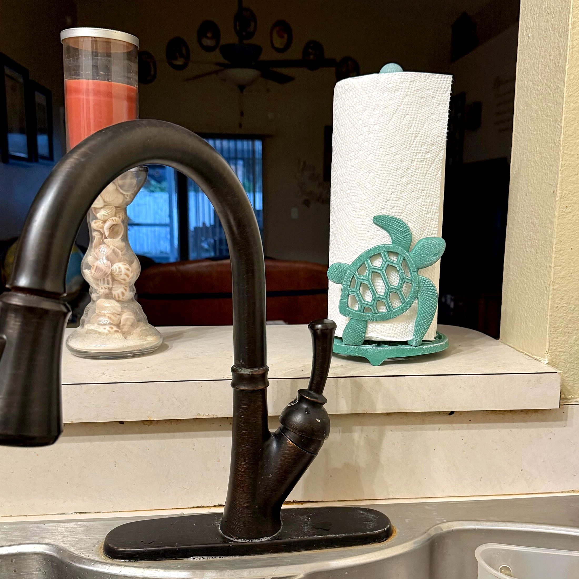 Things2Die4 Sea Turtle Cast Iron Paper Towel Holder – Stunning 13” Tall Coastal Home Decor - Green - Size 13 inches