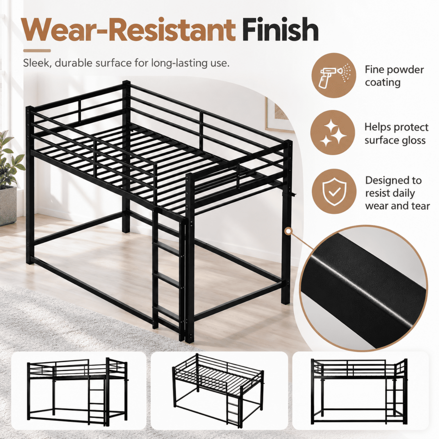 Miniyam Twin Over Twin Metal Bunk Bed with Full-Length Guardrails and Built-In Ladder, Black