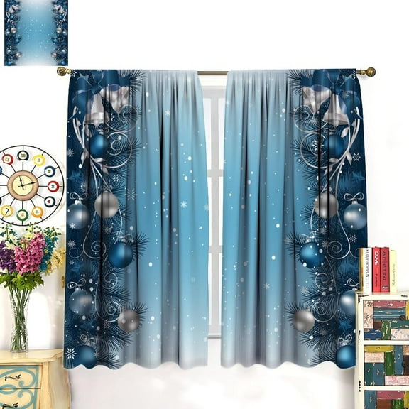 2Pcs Christmas Curtains, Blue Christmas Background with Branches Ribbons Snowflakes Xmas Theme Blackout Rod Pocket Window Drapes for Living Room Bedroom Kitchen Party Decor