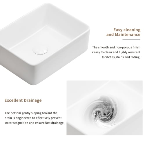 16x12 Inch Small Bowl Rectangular Bathroom Vessel Sink, White Ceramic Above Counter Vessel Sink, High-Temp Fired, Stain-Resistant & Easy-Install