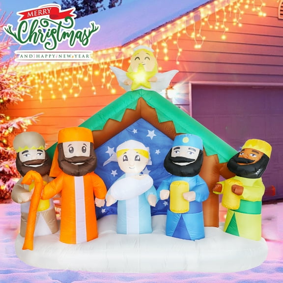 8 FT Christmas Inflatables Nativity Scene Outdoor Decorations Blow Up Yard Decorations Nativity Sets for Garden Lawn Xmas Decor