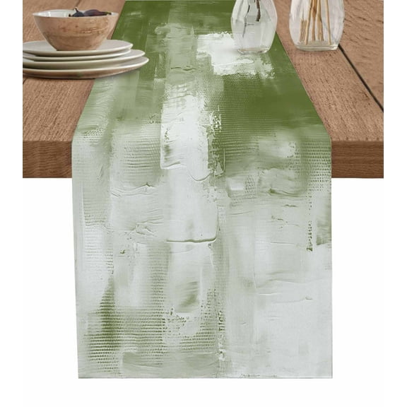 Table Runner Dresser Scarves 70 Inch Long,Sage Green White Ombre Graffiti Linen Dining Table Runners Abstract Oil Painting Art Tabletop Scarf for Wedding Holiday Party Kitchen